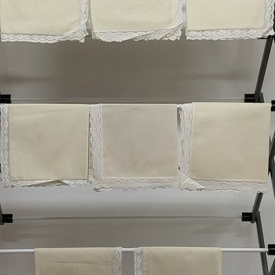 Set of 8 Dinner Napkins in Light Beige Cream w White Lace Edge Trim Linen 15.5"