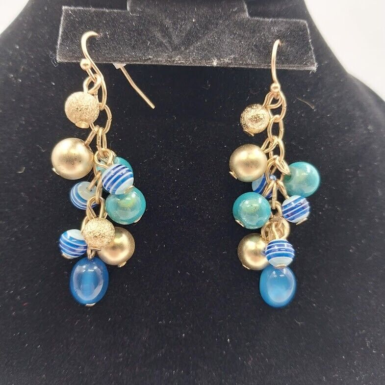 Catherines Gold Tone Blue Teal Faux Pearl Beads Dangle Earrings 2"