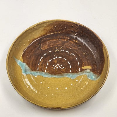 Hungarian Yellow Brown Glaze Folk Art Pottery Serving Bowl Vintage 8.25"