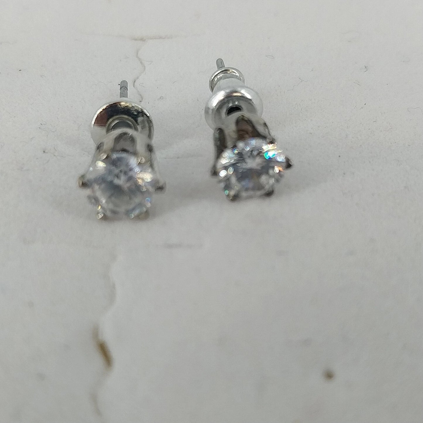 Round Clear Crystal Solitaire Stud Earrings Six Prong Silver Tone