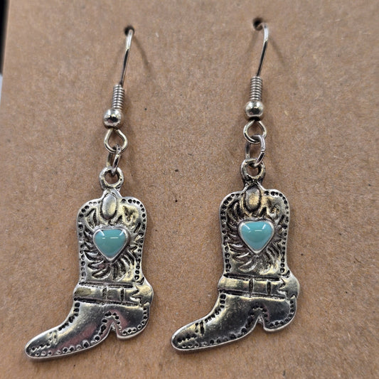 Silver Tone Cowboy Boot with Turquoise Heart Drop Dangle Earring Hook Clasp 1.5"