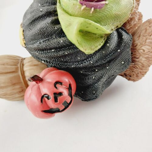 Witchie Bear Flying on her Broomstick Laughing Jack-O-Lantern Halloween Figurine