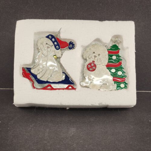 Danbury Mint Bichon Frise Metal JEWELED TREE & SLED Ornaments Enamel Finish