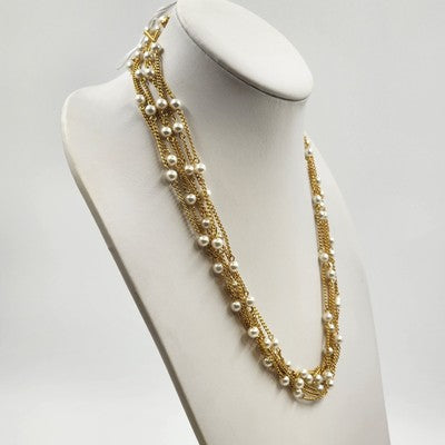 Necklace in Gold Tone Multi Chains with Faux Pearls Double Strand 11" Box Clasp