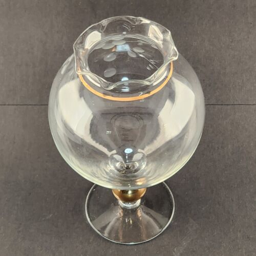 Clear Globe Vase Floral Etched Glass Pedestal Scalloped Gold Trim Vintage 8"