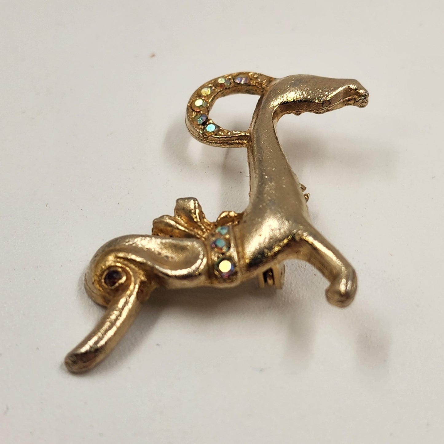 Dachshund Dog Gold Tone Brooch Badge Pin w/ Red Eyes Crystal Clear Rhinestone 2"