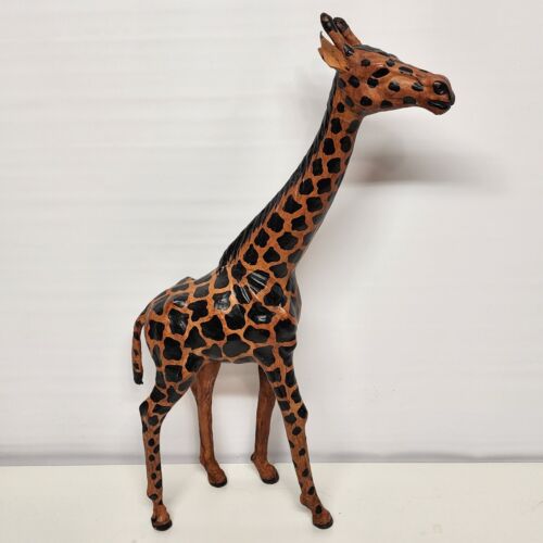 Leather Wrapped Giraffe Figurine Animal Vintage Large 18 Inch Tall Safari Décor
