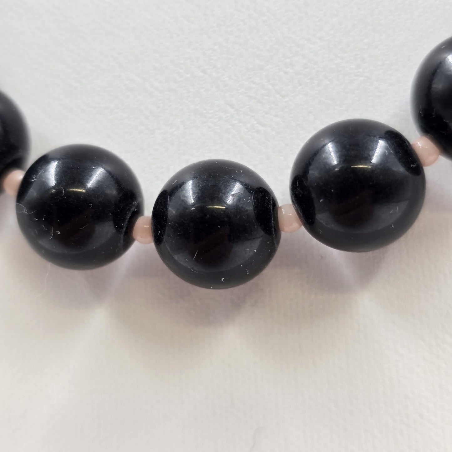 Necklace in Round Black Acrylic Beads with Pale Pink Bead Spacers 14.5"