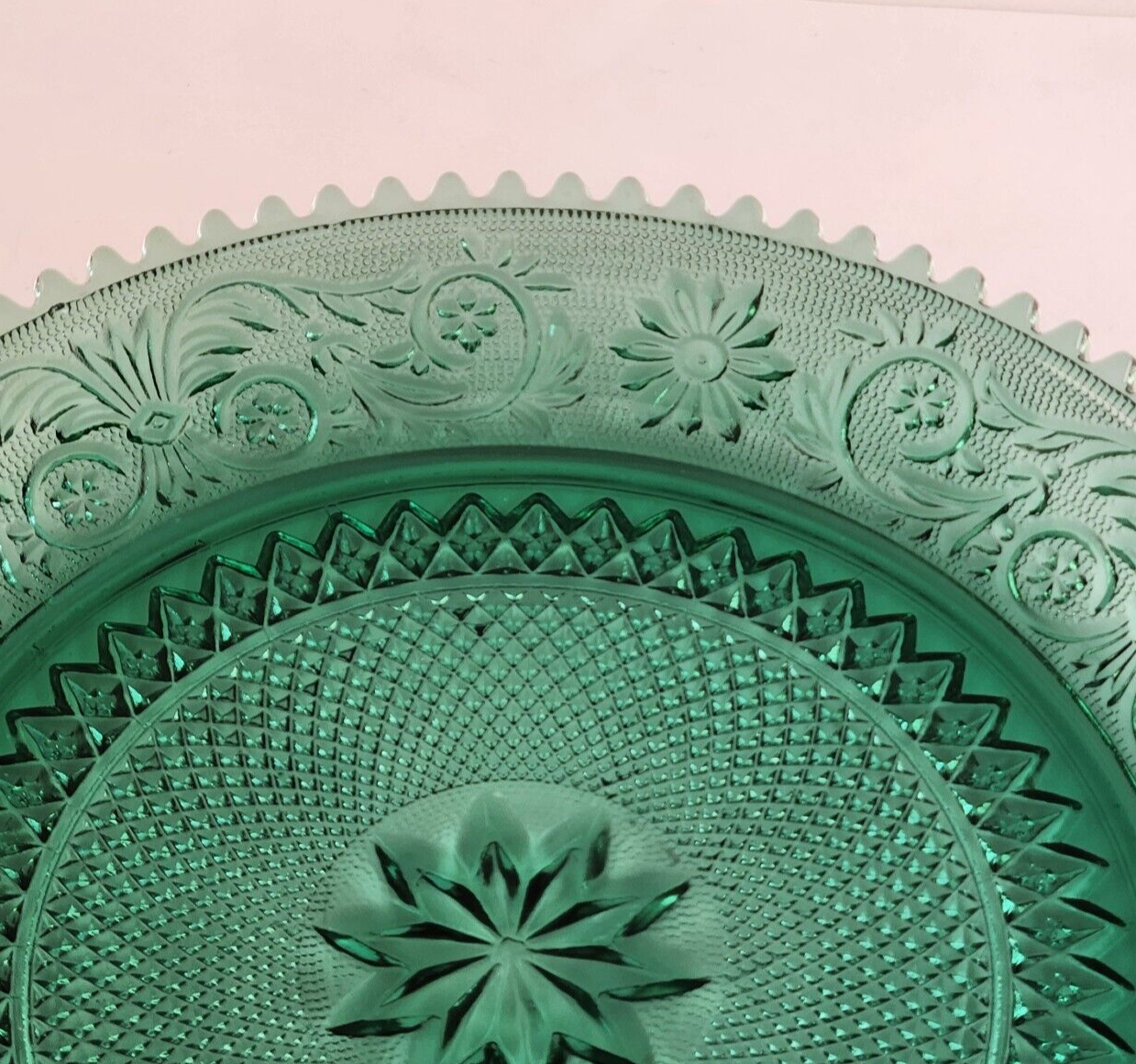 Indiana Glass Spruce Sandwich Tiara Green Platter Ribbed Trim Impressed Design