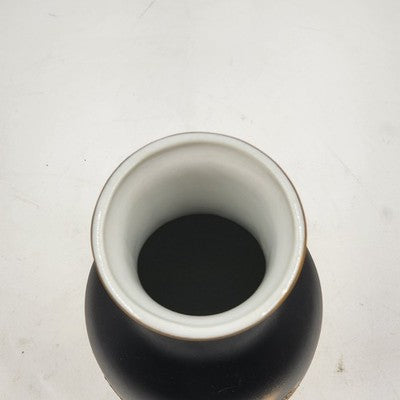 Vintage Kutani Japan Black Porcelain Vase – 8" Hand-Painted with 24K Gold Detailing, White Glazed Interior – Collectible Japanese Art Pottery