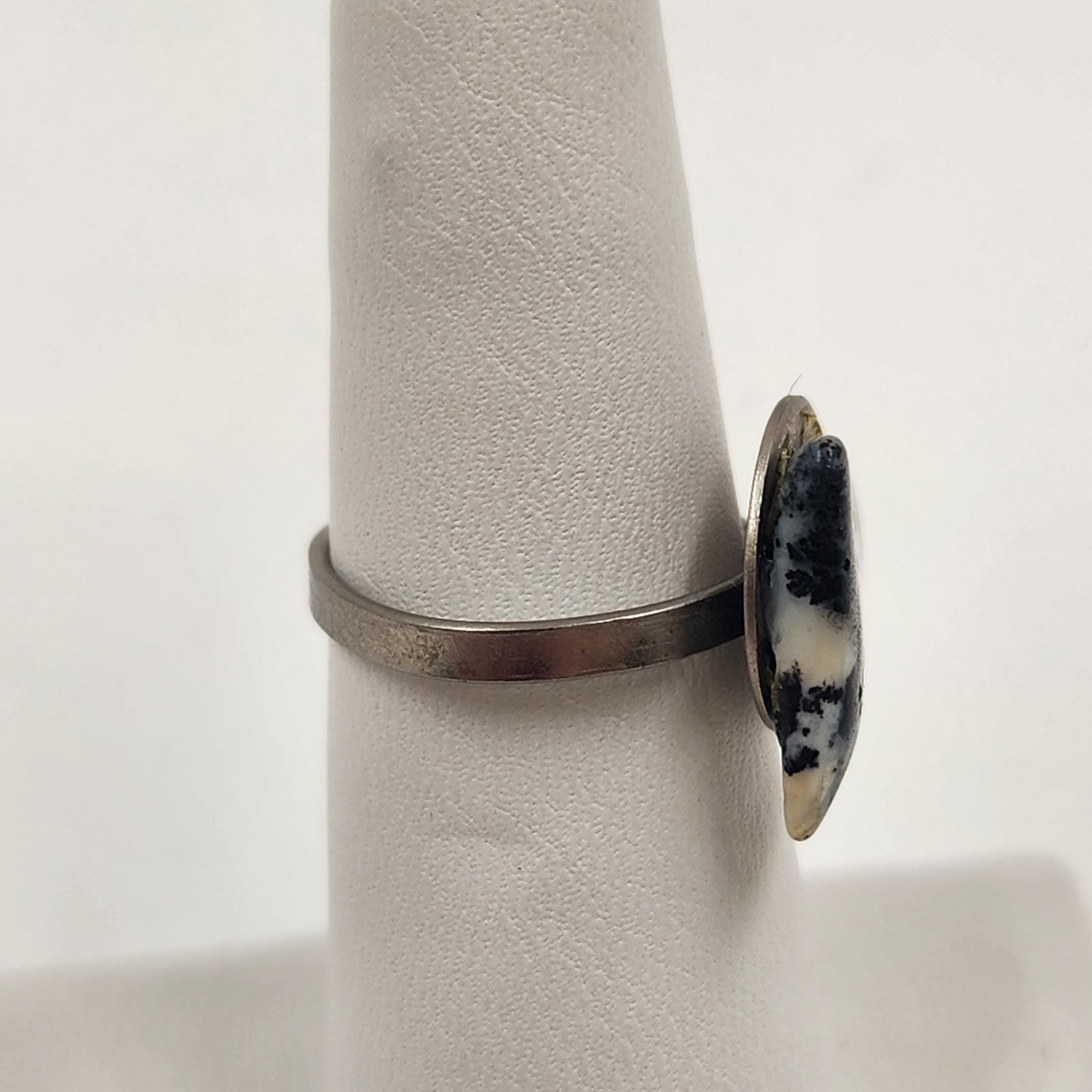 Adjustable Silver Tone Dalmatian Stone Ring Triangle Shape Size 6.75-7