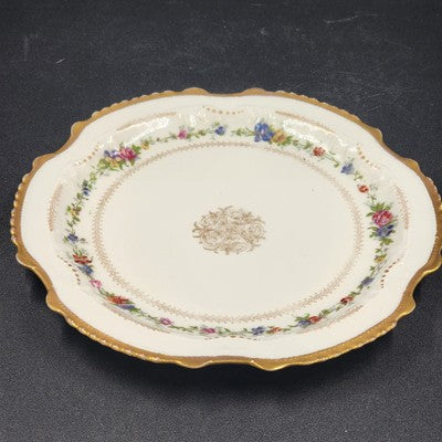 LRL Limoges Plate Art Nouveau w Multicolor Floral Motif & Gold Tone Edges France