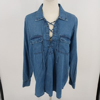 Earl Jean Blue Chambray Tunic Blouse – Women’s Size Large – Lace-Up Grommet Front, Long Sleeves, Cotton Pockets – Boho Utility Style