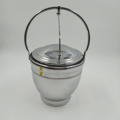 Silver Chromium Solid Brass Ice Bucket Cooler Hinged Lid Arm & Glass 13" 1950's
