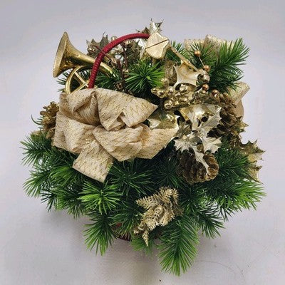 Floral Arrangement Christmas Basket Greenery Holly Red Basket 10" Gold Bow