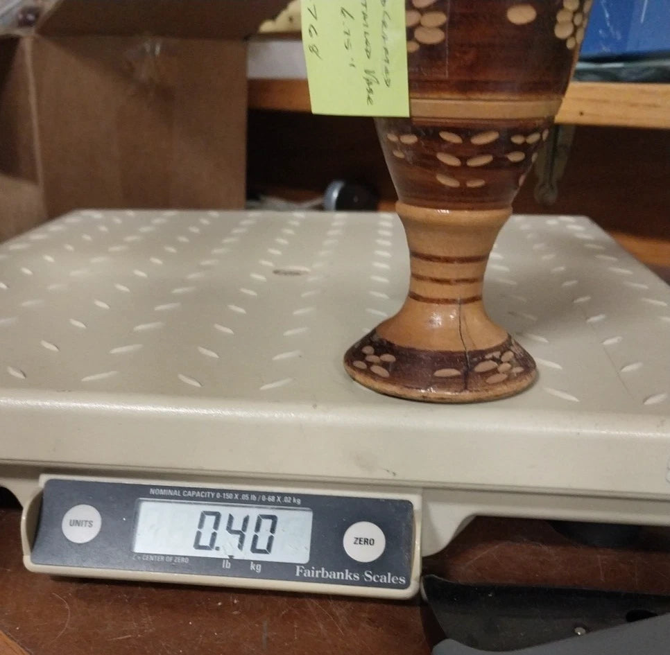 Hand Crafted Wooden Bud Vase Brown Carved Detailed Inlay Folk Art 6.9" Vintage