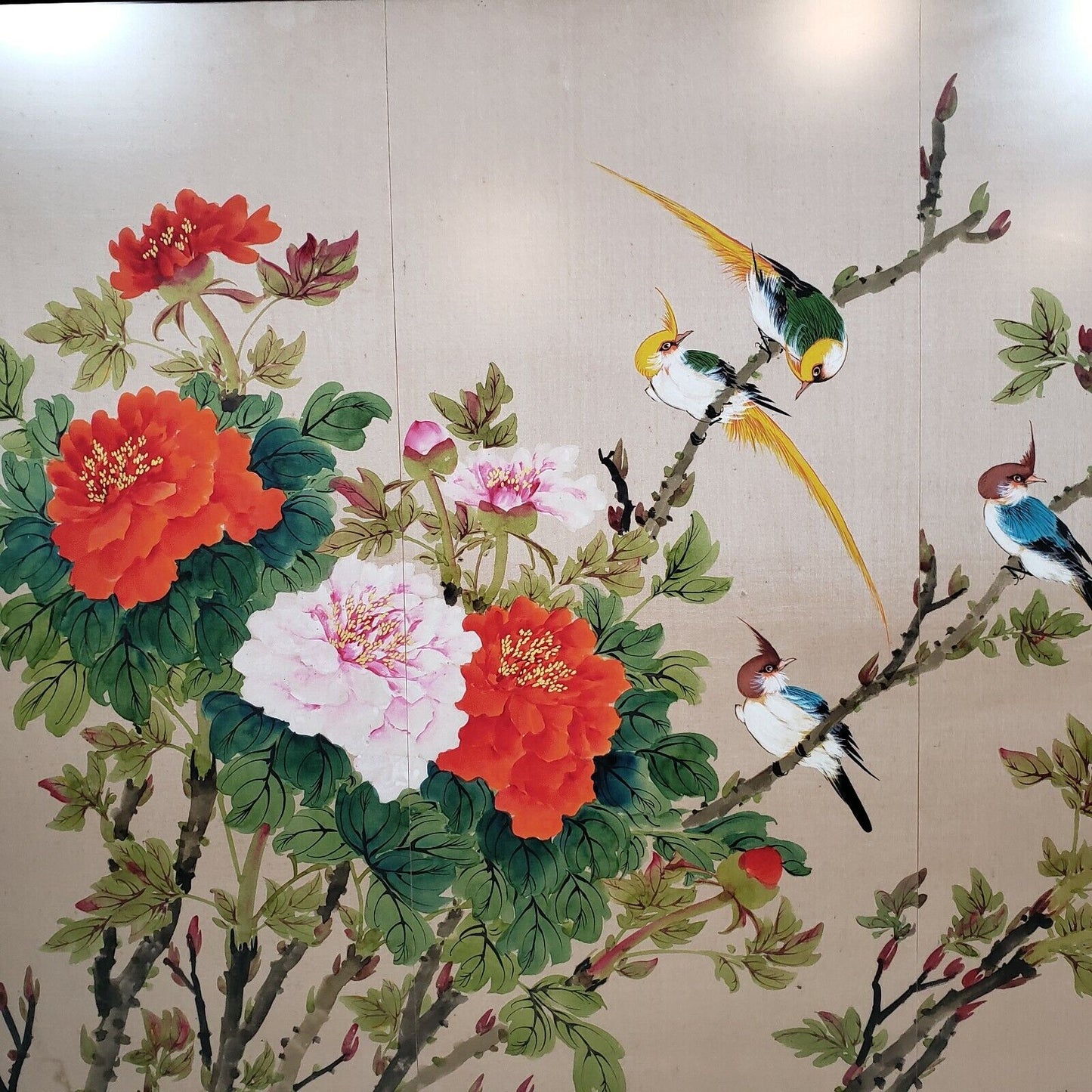 Chinese Wall Art Colorful Birds on Peony Bush with Chinese Prayer 31"x25"