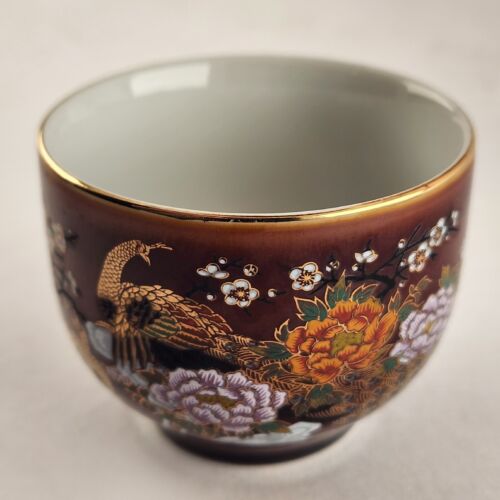 Asahi Tea Pot and 4 Tea Cups with Floral Peacock Images Vintage Made in Japan