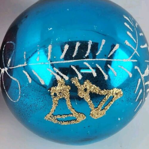 2 Vintage Glass Christmas Tree Ornaments Red Blue Bals White Printing
