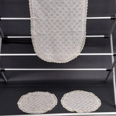 Matching White Table Runner w Two Round Lace Crocheted Eyelet Ruffled Doilies