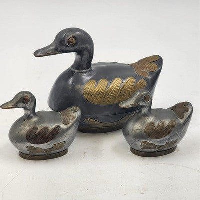 3 pcs Pewter & Brass Duck Family Large & Small Trinket Box Dish 1990s China