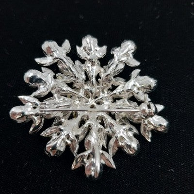 Silver Tone & Crystal Clear Rhinestone Flower with Leaf Large Brooch Pendant Pin