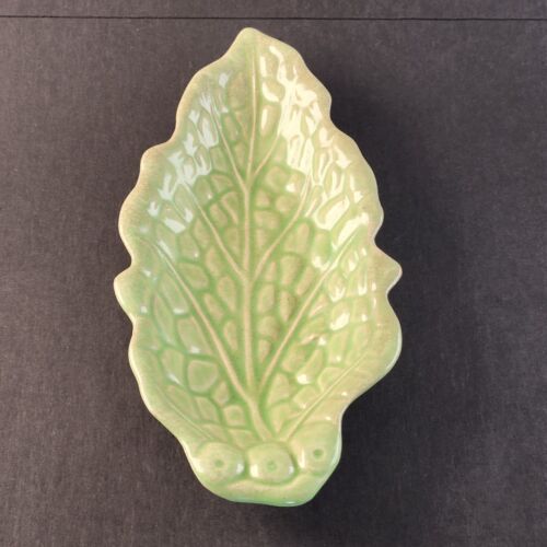 Green Leaf Trinket Nut or Candy Dish 9" Long by 4.5" Wide Crazed Made in Japan
