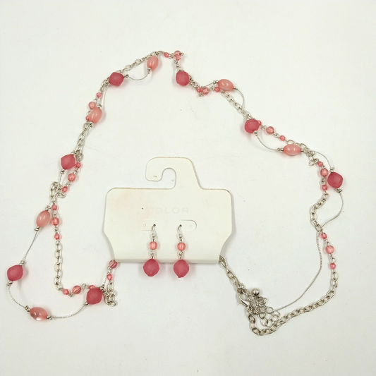 Silver Tone Necklace and Earrings Set in Pink Faux Pearl Beads Double Strand 15"
