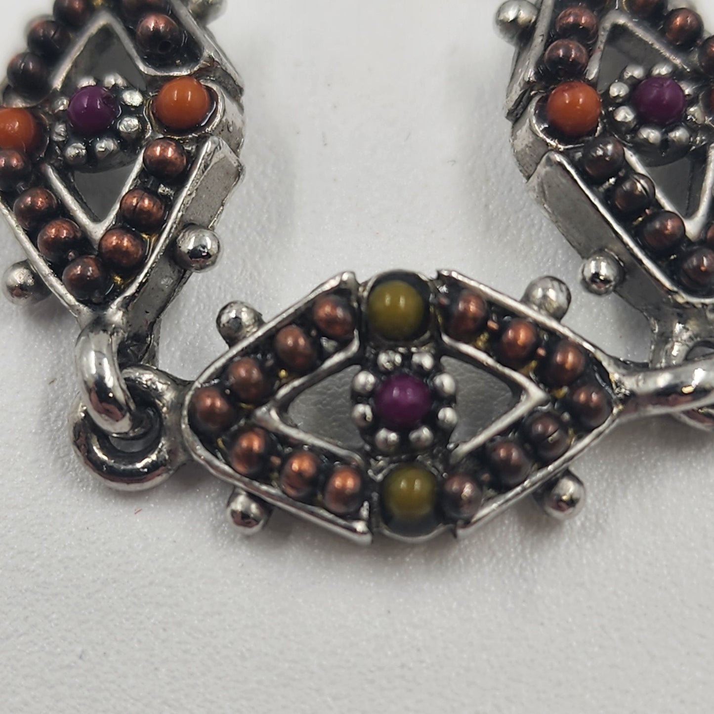 Diamond Chain w/ Orange Brown Beaded Quartz Silver Tone Magnetic Bracelet 7"