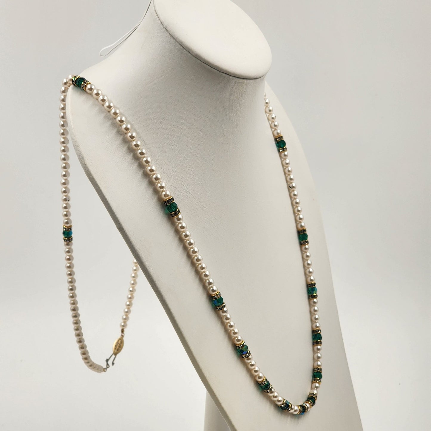 Fashion Faux Pearl Necklace 23” Length Blue & Clear Rhinestones Fishhook Clasp