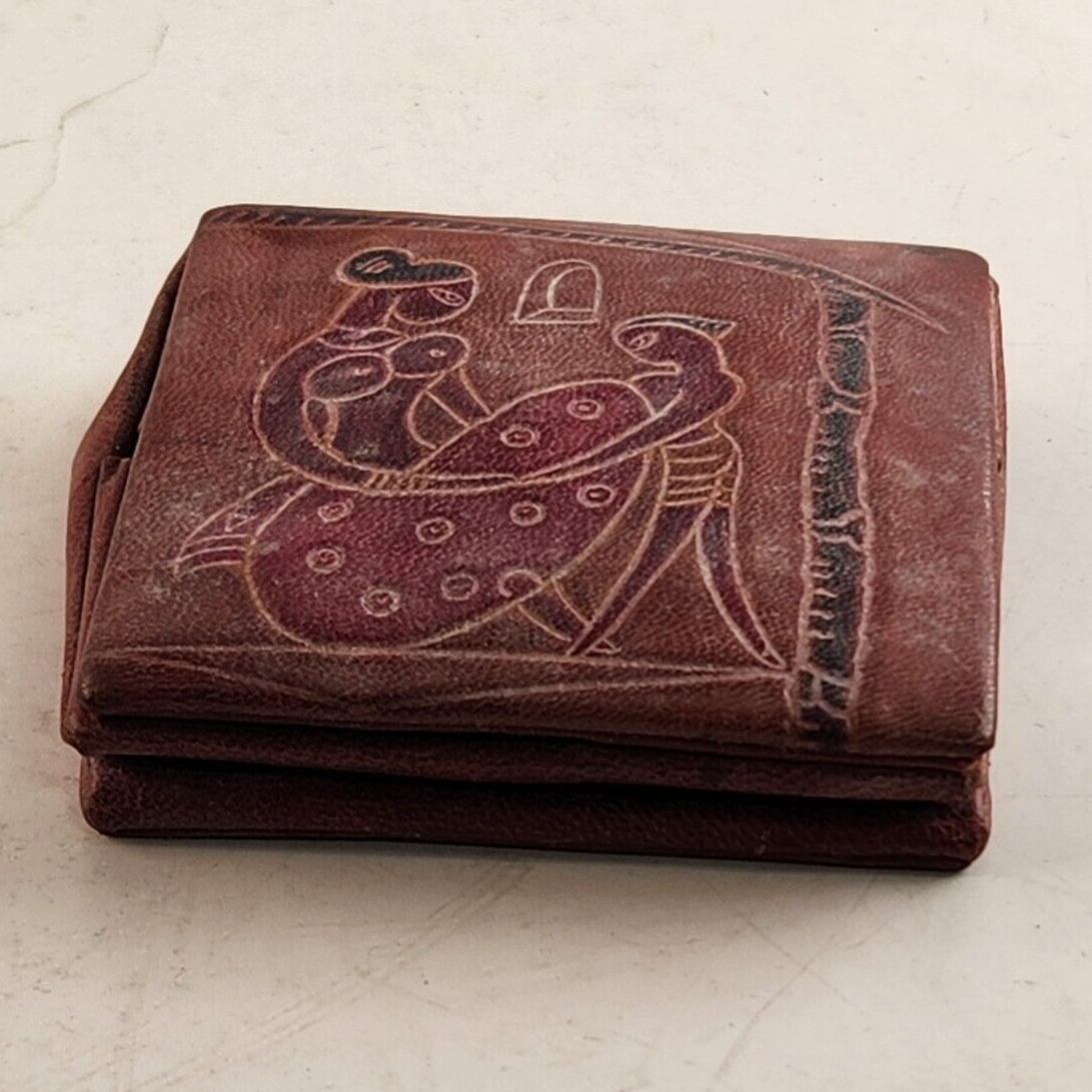 Leather India Coin Purse Fold Up Snap Close Mother Child Tagged Vintage 1960s