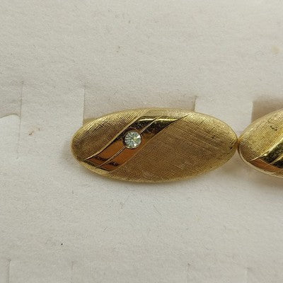 Swank Gold Tone Textured Oval Sleeve Cuff Links with Clear Rhinestones Vintage