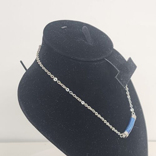 Sarah Coventry Necklace Lapis Blue Bar Pendant Silver Tone Chain 14" Vintage