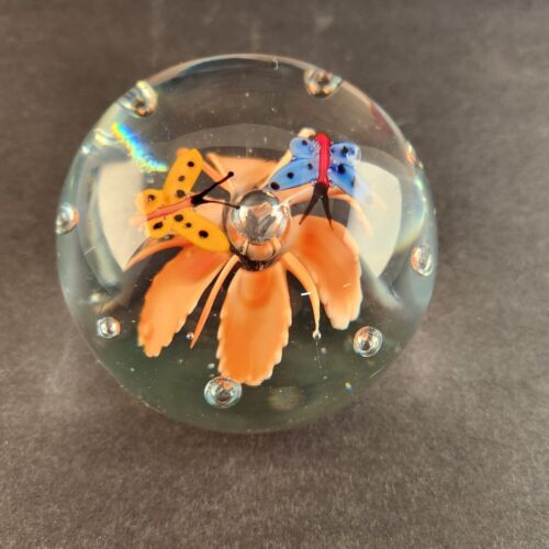 Clear Glass Paperweight Orange Flower with Orange and Blue Butterflies 3" Round