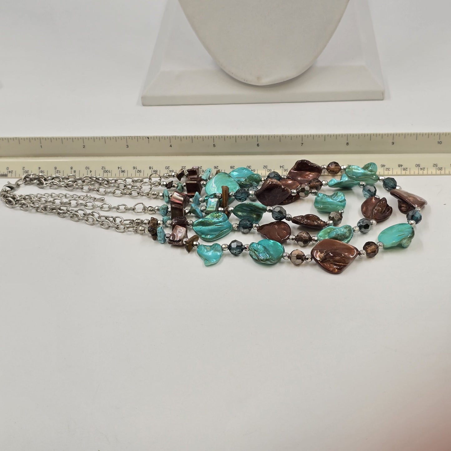 Triple Strand Necklace in Brown Turquoise Glass Beads Bohemian Silver Tone Chain