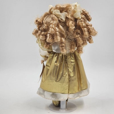 Collector Choice Genuine Fine Bisque Porcelain Doll Blonde Curly Hair Stand 13"