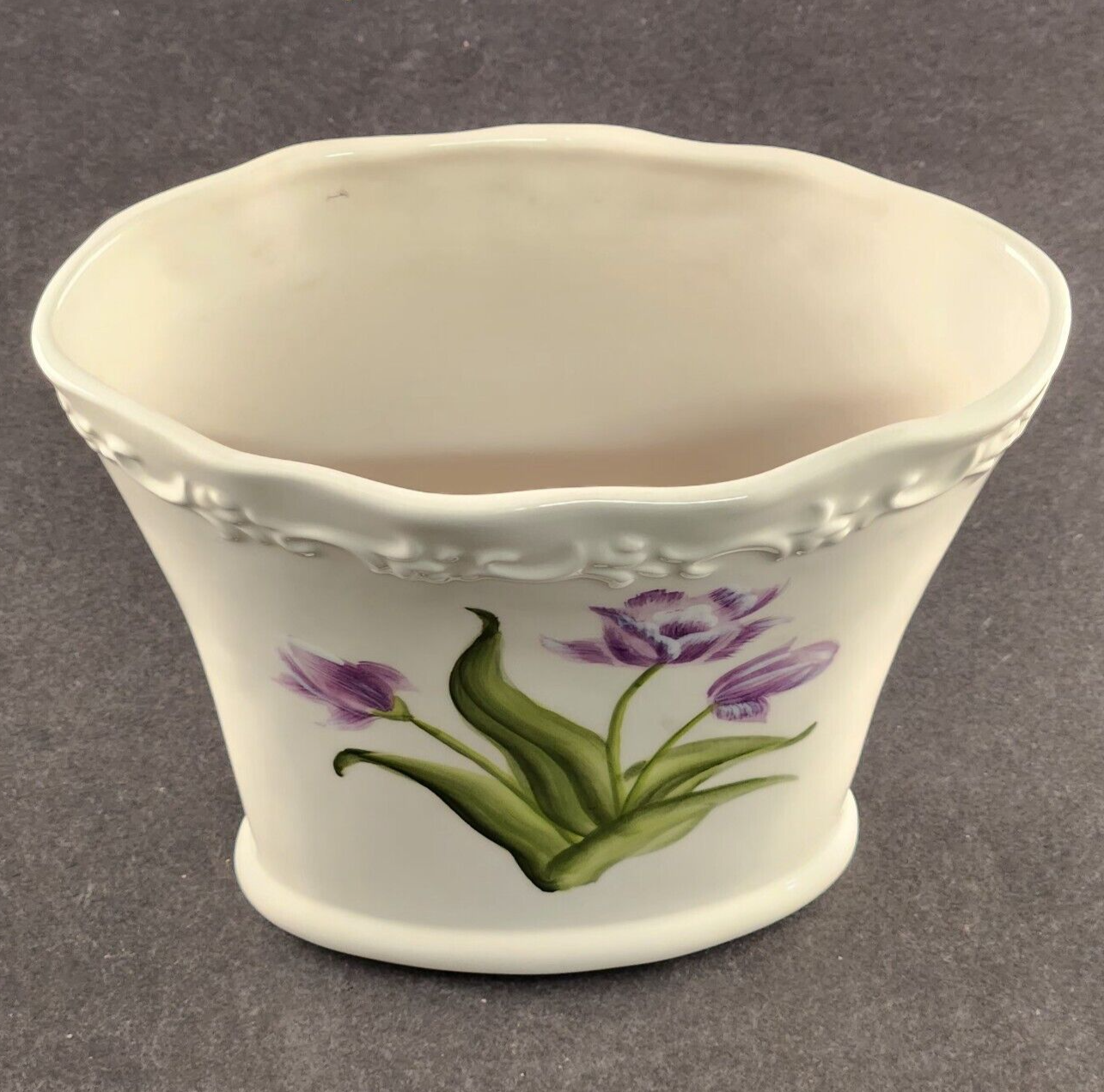 FTD Oval Ceramic Vase Purple Tulips Green Leaves Vintage 6.5" x 3.5" x 5.75"