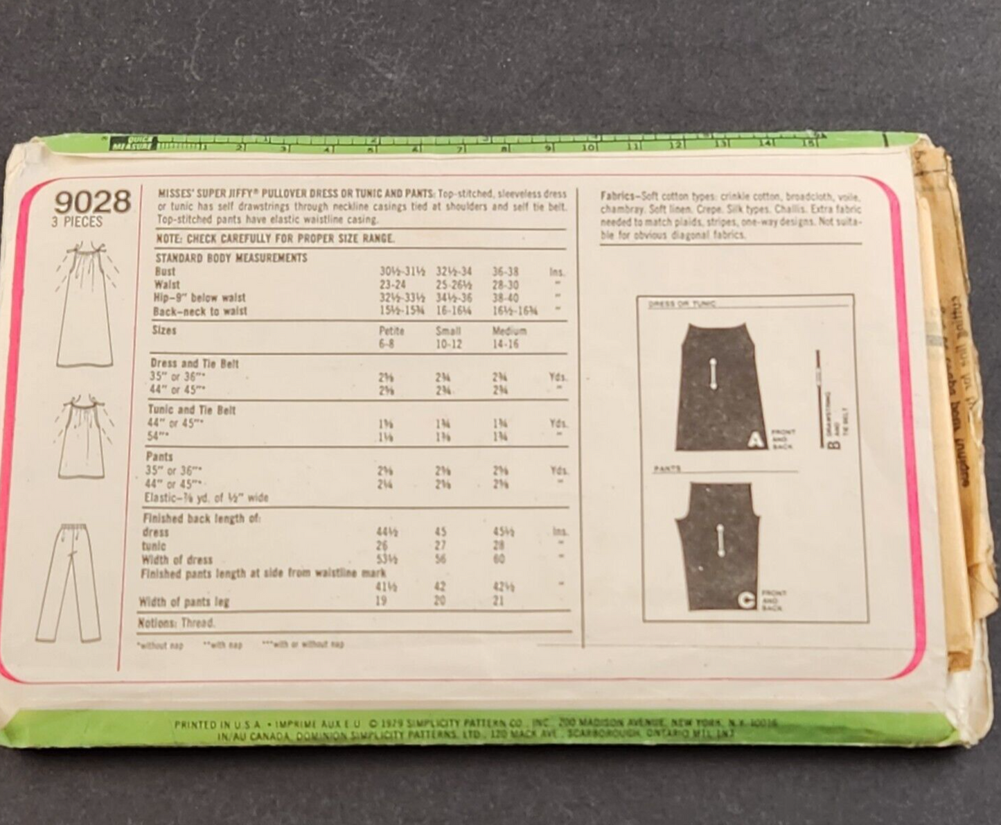 Simplicity 9028 Vintage Sewing Pattern Misses Jiffy Dress or Tunic Pants 14 16