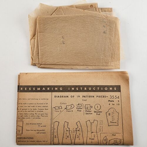 Butterick 3554 Vintage Sewing Pattern 1940's Girls Coat Hat & Leggings Size 4