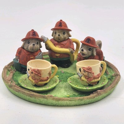 Miniature Tea Set 8pc Firefighter Dog 1993 w/ Box Vintage Ceramic China