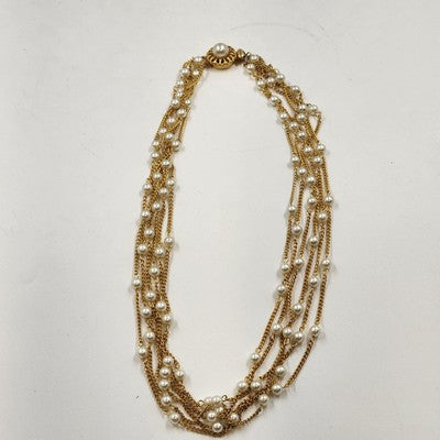 Necklace in Gold Tone Multi Chains with Faux Pearls Double Strand 11" Box Clasp