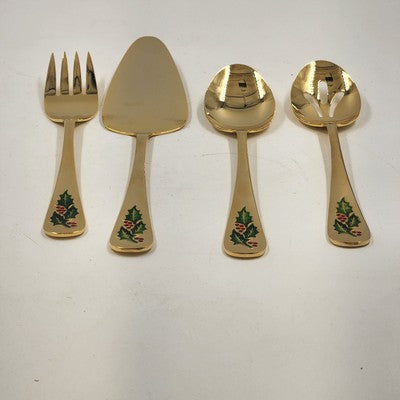 Classic Traditions Hollyberry 4pc Hostess Set Goldtone Xmas Stainless Steel