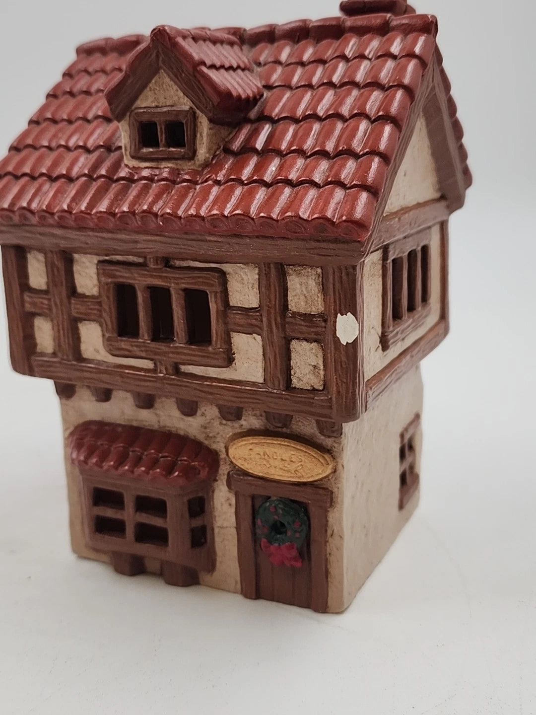 Hand Painted Illuminable Ceramic Candle Shop Christmas Village Winter Chipped