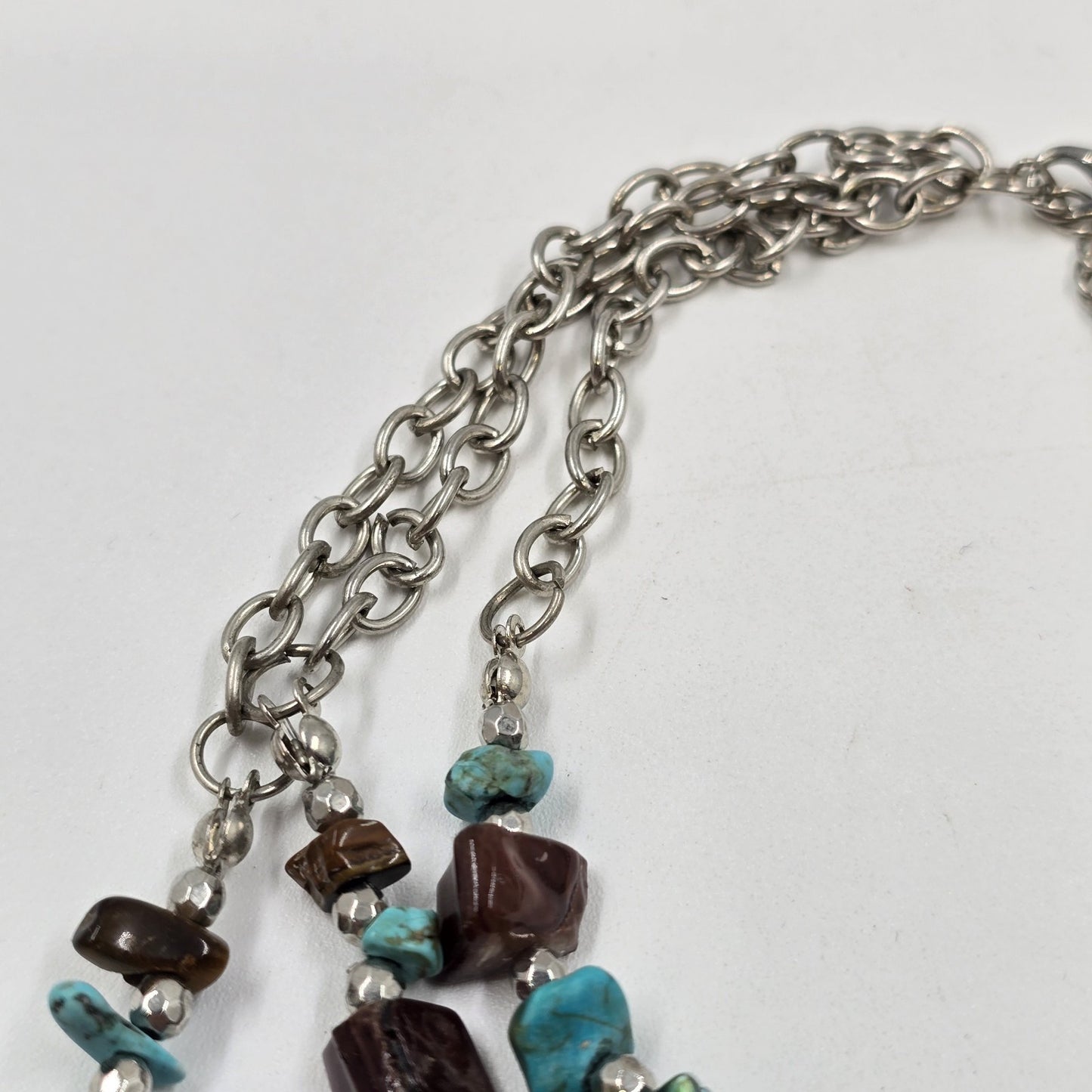 Triple Strand Necklace in Brown Turquoise Glass Beads Bohemian Silver Tone Chain