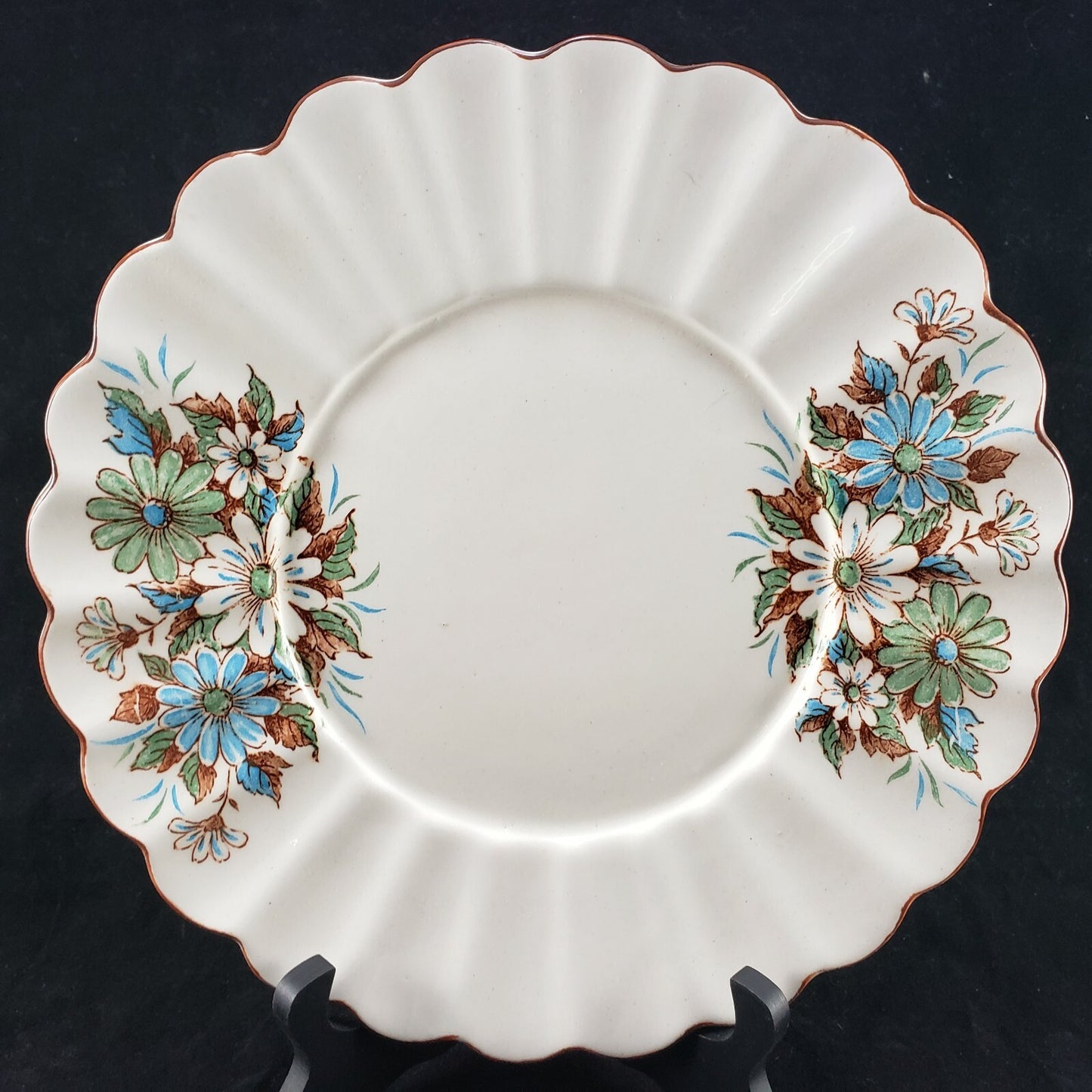 White Cheese Plate Blue Brown Flowers Scalloped Gilded Edge 10.5" Serving Liner