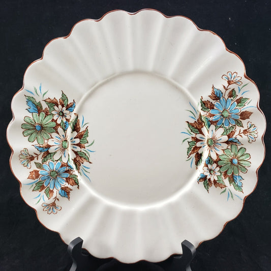 White Cheese Plate Blue Brown Flowers Scalloped Gilded Edge 10.5" Serving Liner