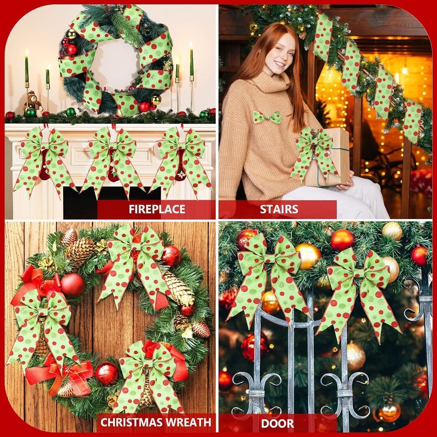 Giegxin 4 Rolls 40 Yard Ribbon Green Dots 10Yd x 2.6"W Wired Crafts Bows Wreath