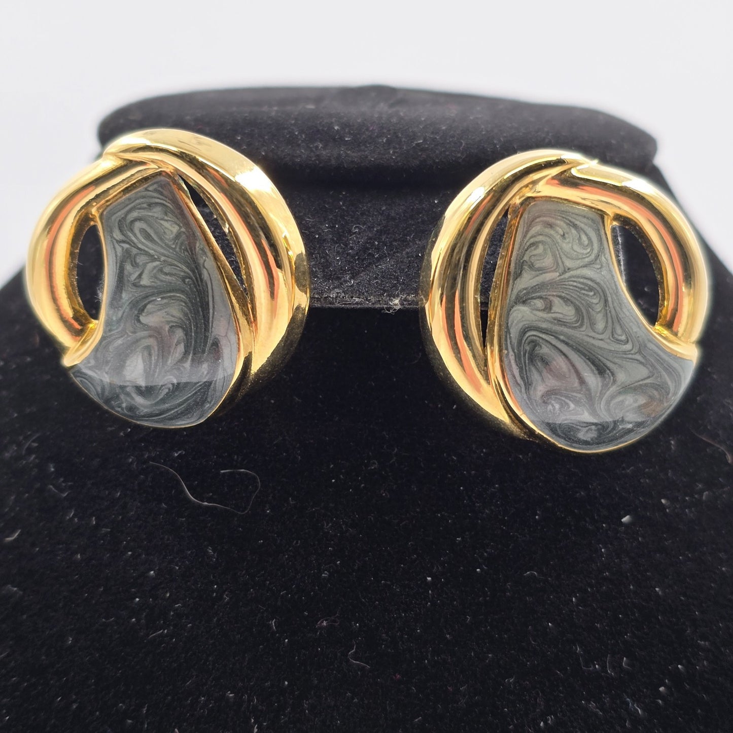 Avon 2 Earrings Gold Tone Burgundy Red Enamel and Marbled Gray Enamel