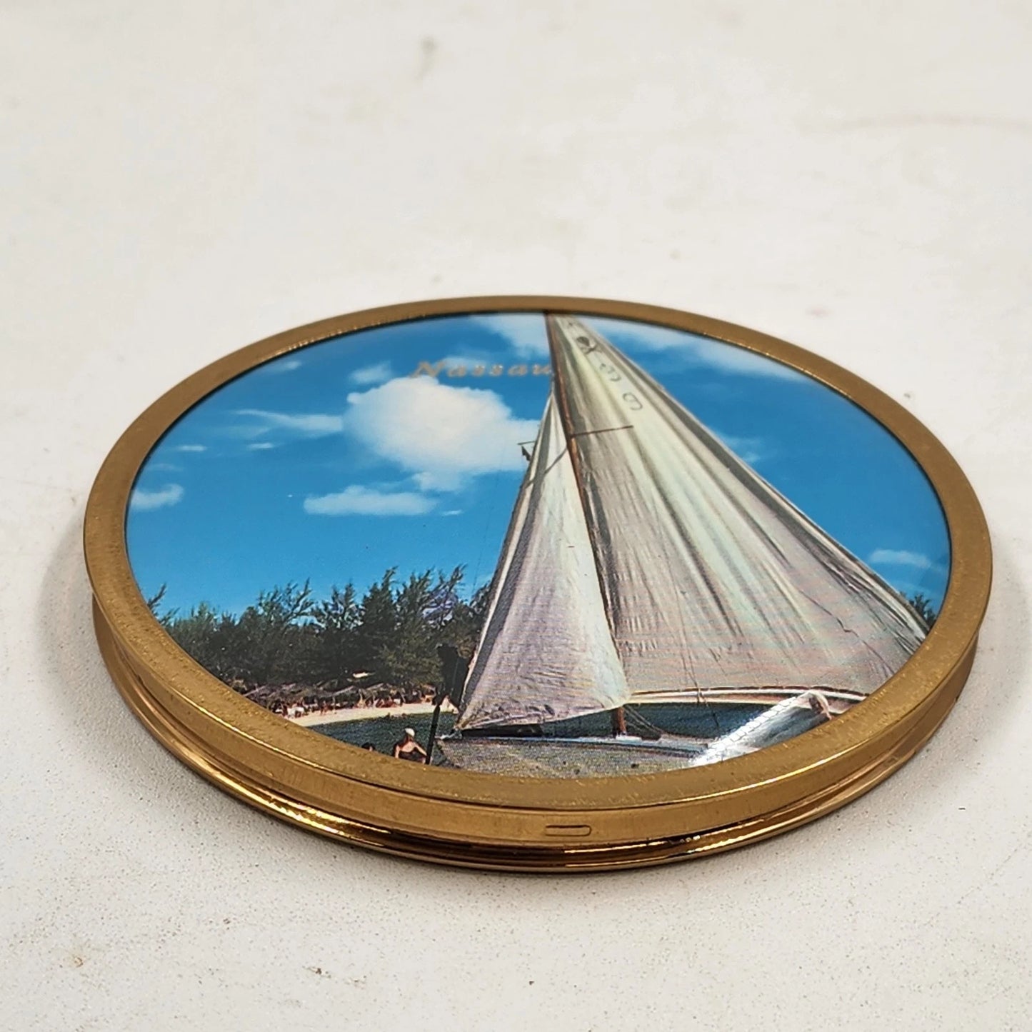 Souvenir Powder Compact Nassau Sailboat Gold Case Mirror Puff Sifter Vtg Unused