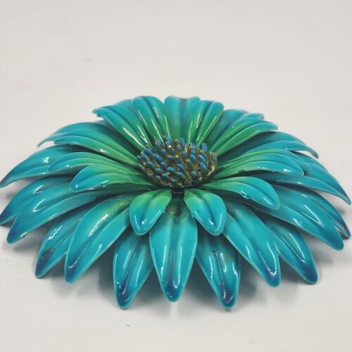 Blue Enamel Flower Brooch Vintage Metal Round Pin 3" Diameter